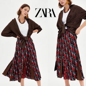 Zara Red Brown Contrasting Pleated Flare Midi Skirt M